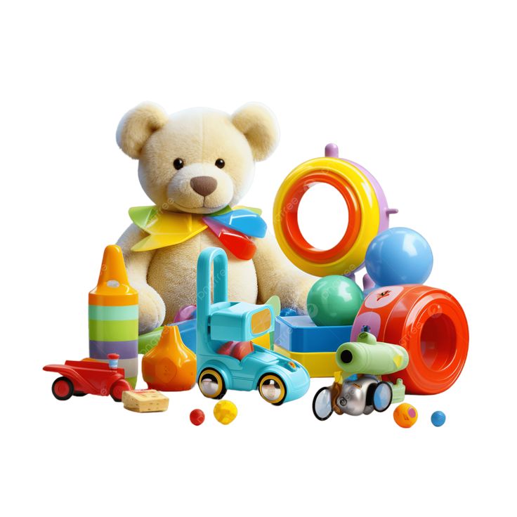 group of colorful baby toys with teddy bear fun playtime items for children, colorful baby toys, baby toys collection, toddler toys set png transparent image and clipart for free download
